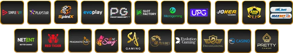 รวมโลโก้ค่ายเกมคาสิโนของ next789 เช่น PG SLOT, JOKER, SA Gaming, Evolution, Microgaming และค่ายดังอื่น ๆ